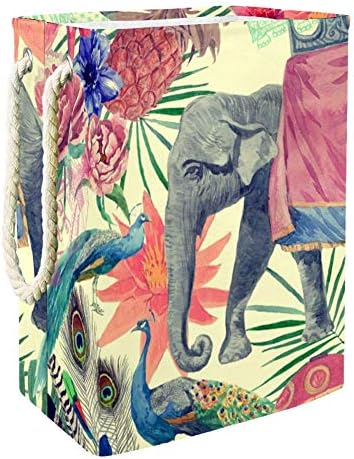 Inhomer Elefánt Pávák Virágok, Levelek, 300D Oxford PVC, Vízálló Szennyestartót Nagy Kosárban a Takaró Ruházat, Játékok Hálószoba