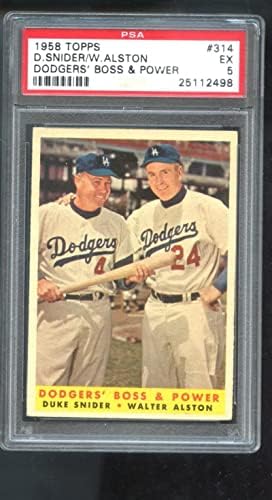 1958 Topps 314 Dodgers Főnök & Power Herceg Snider Walter Alston PSA 5 Osztályozott Kártya - Baseball Asztalon Kezdő Lapot